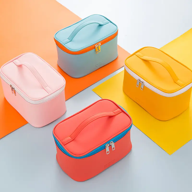OEM makeup bag supplier sample placed in luxury hotel bathroom for international travel usage scenarios OEM makeup bag supplier sample placed in luxury hotel bathroom for international travel usage scenarios
